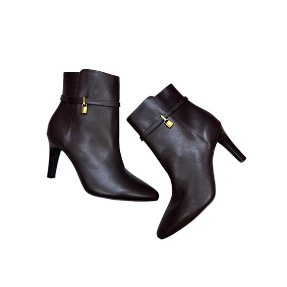 Kurt Geiger London Braxton Lock Bootie US 8.5 EU39 Stiletto Heel Preppy Brown Le - Picture 1 of 8